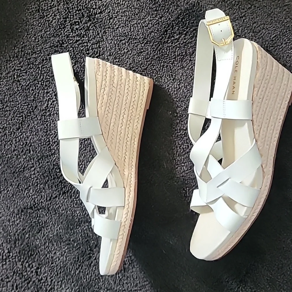 Cole‎ Hann Crystal Wedge Espadrille Sandal 8B white tan 3 inch